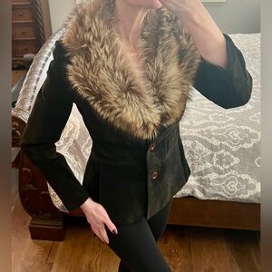 Vintage 80s Casso Jacques Gabriel Levy Suede Leather Jacket Real Fur Collar